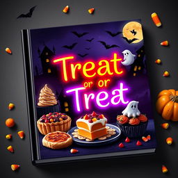 A spooky yet inviting book cover design for a Halloween-themed cookbook titled "Treat or Treat"