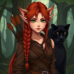 A striking full-body illustration of a female character, showcasing her unique blend as a half-elf and half-dwarf