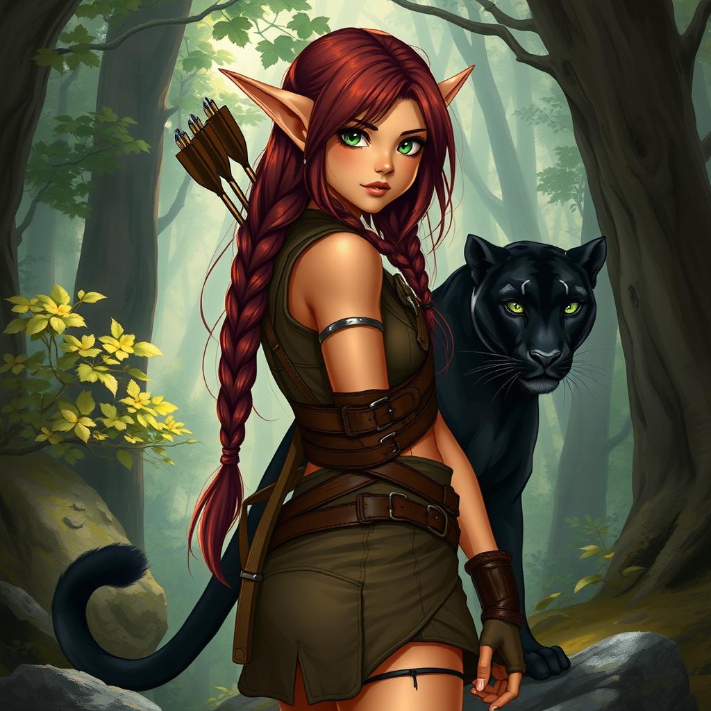 A striking full-body illustration of a female character, showcasing her unique blend as a half-elf and half-dwarf