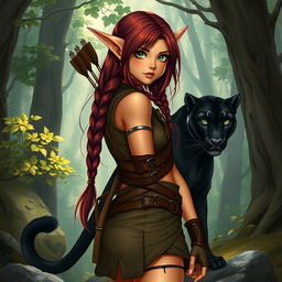 A striking full-body illustration of a female character, showcasing her unique blend as a half-elf and half-dwarf