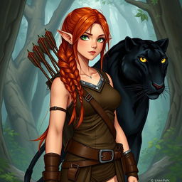 A striking full-body illustration of a female character, showcasing her unique blend as a half-elf and half-dwarf