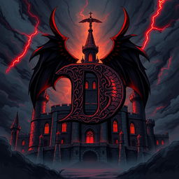 An ancient, sinister castle illustrated in an anime style, featuring a large, bold letter 'D' at its center