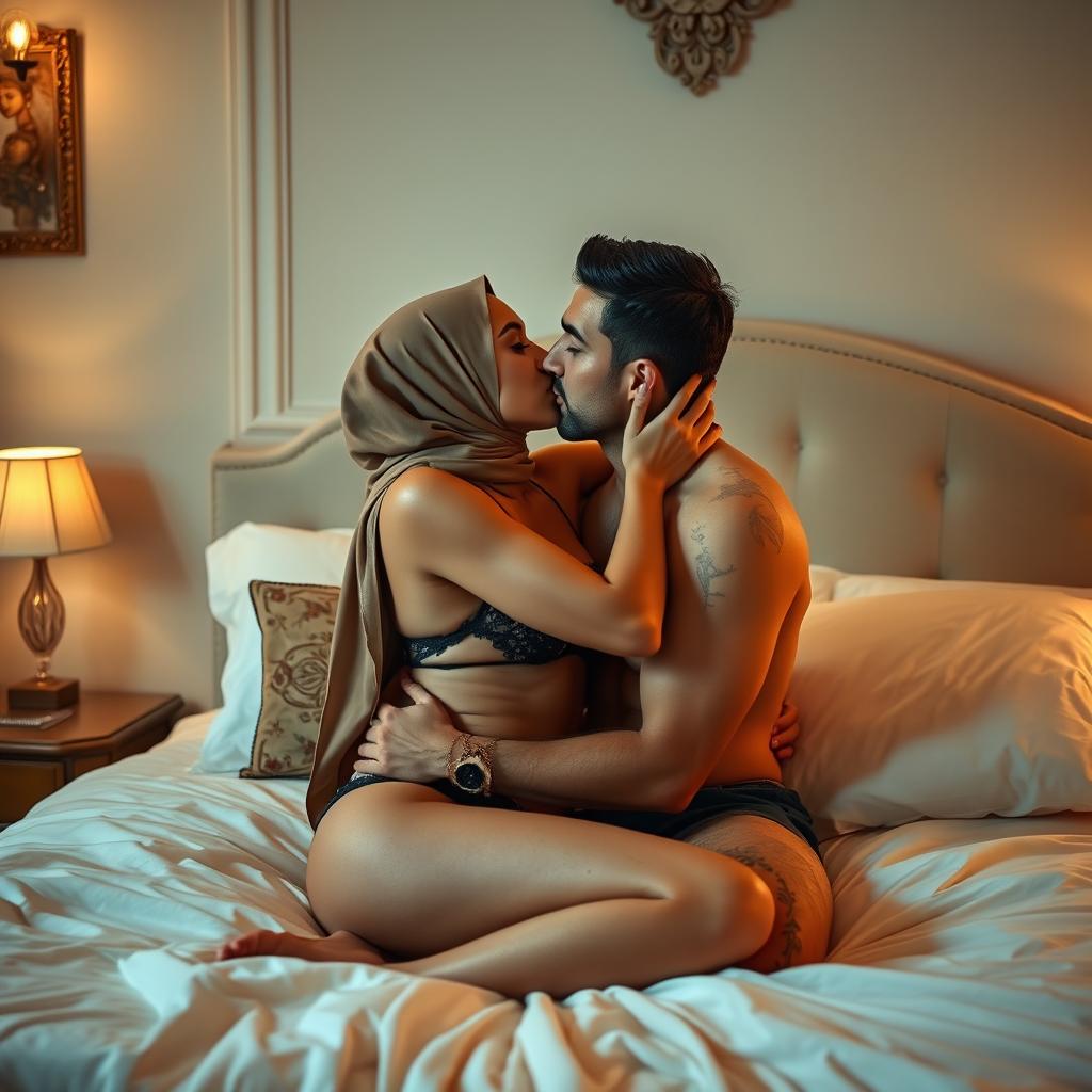 An intimate scene featuring a woman wearing elegant lingerie and a hijab, passionately kissing a handsome man on a beautifully made bed