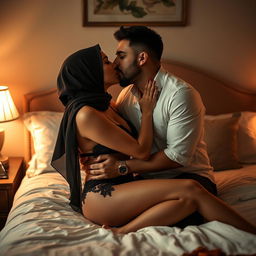 An intimate scene featuring a woman wearing elegant lingerie and a hijab, passionately kissing a handsome man on a beautifully made bed