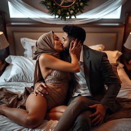 An intimate scene featuring a woman wearing elegant lingerie and a hijab, passionately kissing a handsome man on a beautifully made bed