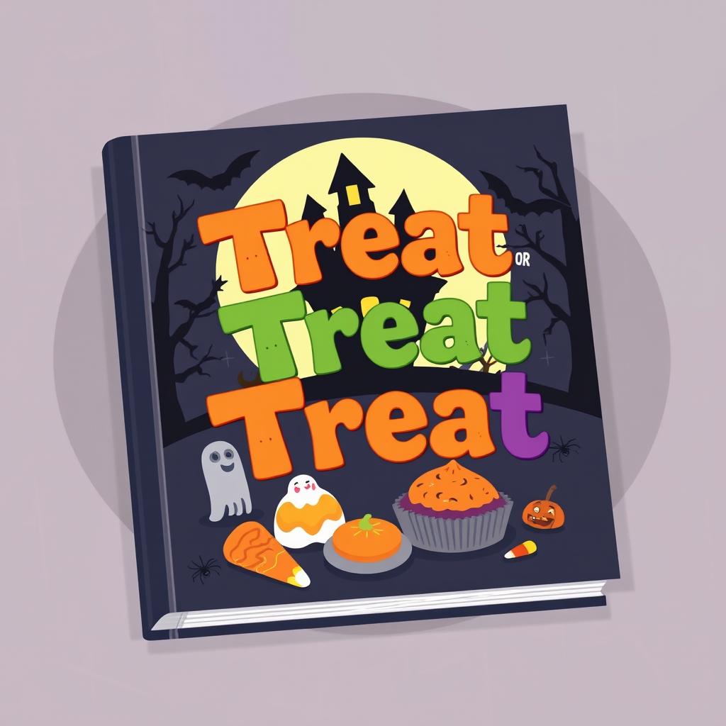 A whimsical and spooky book cover design for a Halloween-themed cookbook titled 'Treat or Treat'