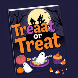 A whimsical and spooky book cover design for a Halloween-themed cookbook titled 'Treat or Treat'