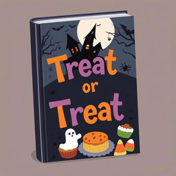 A whimsical and spooky book cover design for a Halloween-themed cookbook titled 'Treat or Treat'