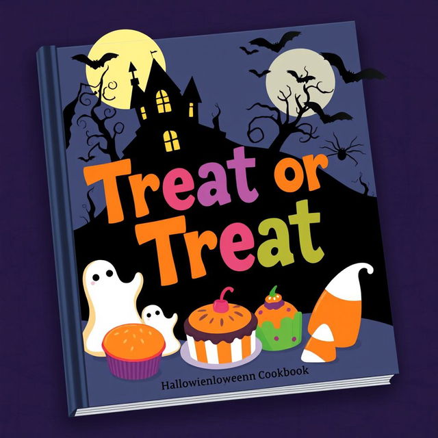 A whimsical and spooky book cover design for a Halloween-themed cookbook titled 'Treat or Treat'