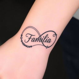 An artistic tattoo design featuring the infinity symbol intertwined with a rosary, beautifully incorporating the phrase 'Família' elegantly scripted within the infinity loop