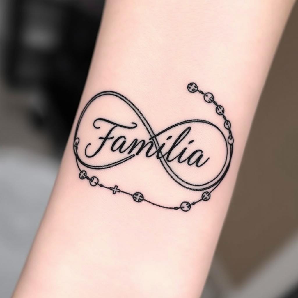 An artistic tattoo design featuring the infinity symbol intertwined with a rosary, beautifully incorporating the phrase 'Família' elegantly scripted within the infinity loop