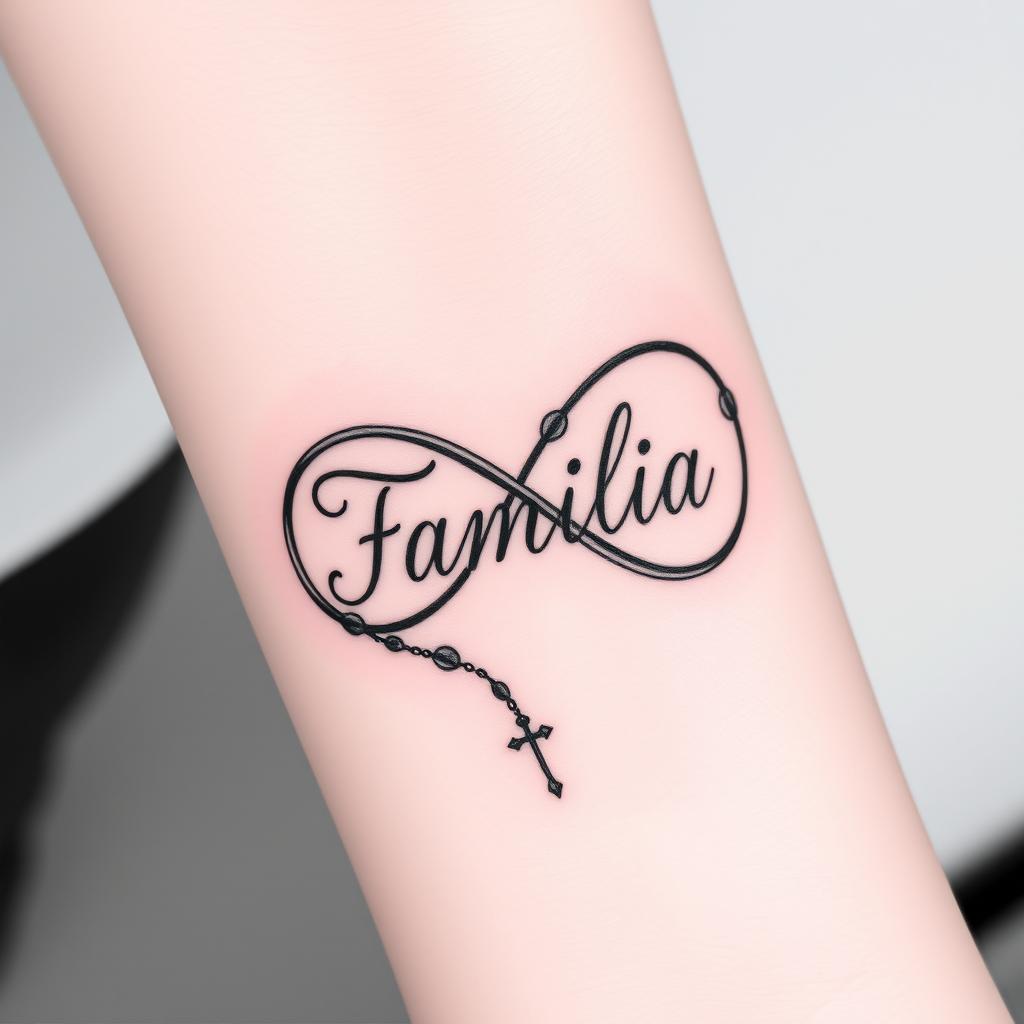 An artistic tattoo design featuring the infinity symbol intertwined with a rosary, beautifully incorporating the phrase 'Família' elegantly scripted within the infinity loop