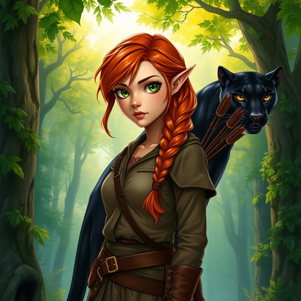 A detailed full-body illustration of a female character, embodying the unique blend of half-elf and half-dwarf