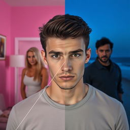 Headshot of a serious-looking young brunette man, featuring a dramatic diagonal white line dividing the image