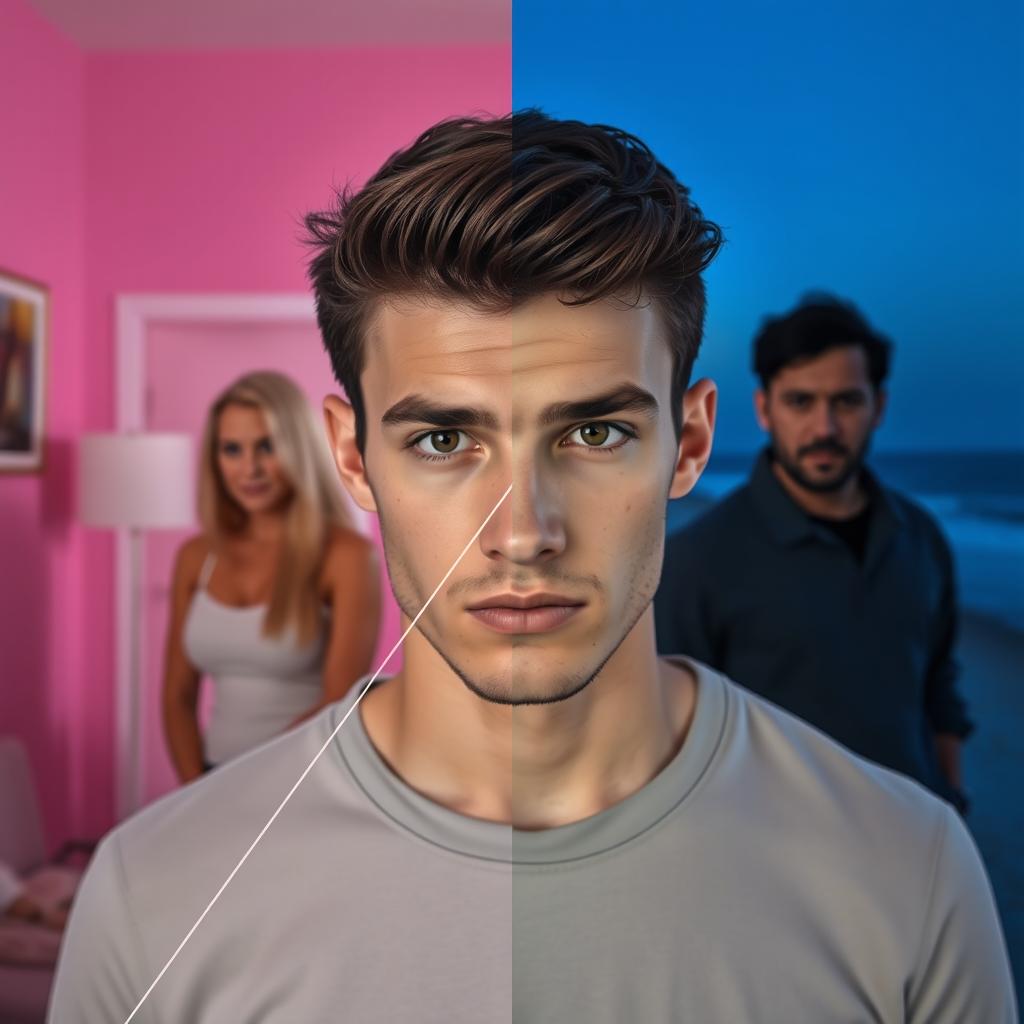 Headshot of a serious-looking young brunette man, featuring a dramatic diagonal white line dividing the image
