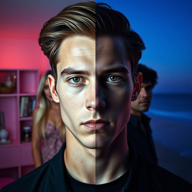 Headshot of a serious-looking young brunette man, featuring a dramatic diagonal white line dividing the image