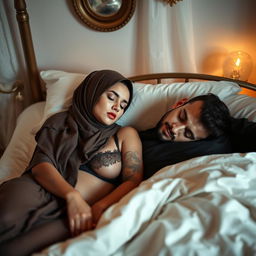 An intimate and elegant scene featuring a woman in a tasteful hijab wearing lingerie, peacefully sleeping beside a handsome man on a beautifully made bed