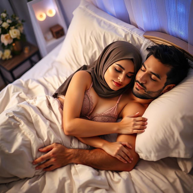 An intimate and elegant scene featuring a woman in a tasteful hijab wearing lingerie, peacefully sleeping beside a handsome man on a beautifully made bed
