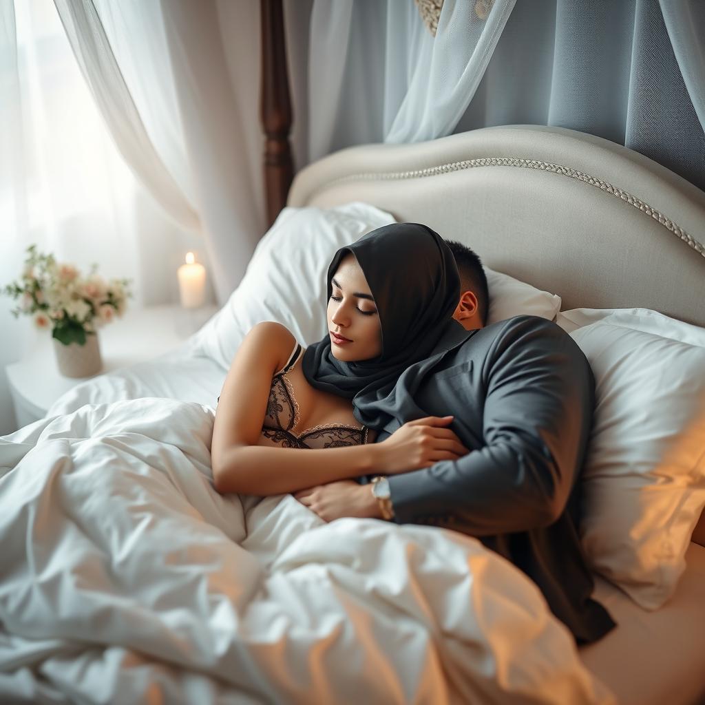 An intimate and elegant scene featuring a woman in a tasteful hijab wearing lingerie, peacefully sleeping beside a handsome man on a beautifully made bed