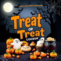 A vibrant and eye-catching book cover for a Halloween cookbook titled 'Treat or Treat'