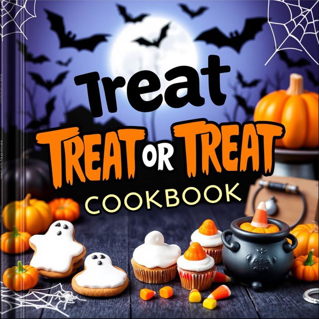 A vibrant and eye-catching book cover for a Halloween cookbook titled 'Treat or Treat'