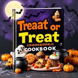 A vibrant and eye-catching book cover for a Halloween cookbook titled 'Treat or Treat'