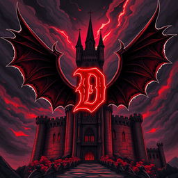 An ancient, sinister castle illustrated in a striking anime style, prominently featuring a very large letter 'D' at its center, outlined in bright red