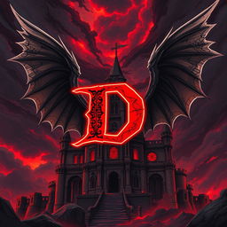 An ancient, sinister castle illustrated in a striking anime style, prominently featuring a very large letter 'D' at its center, outlined in bright red