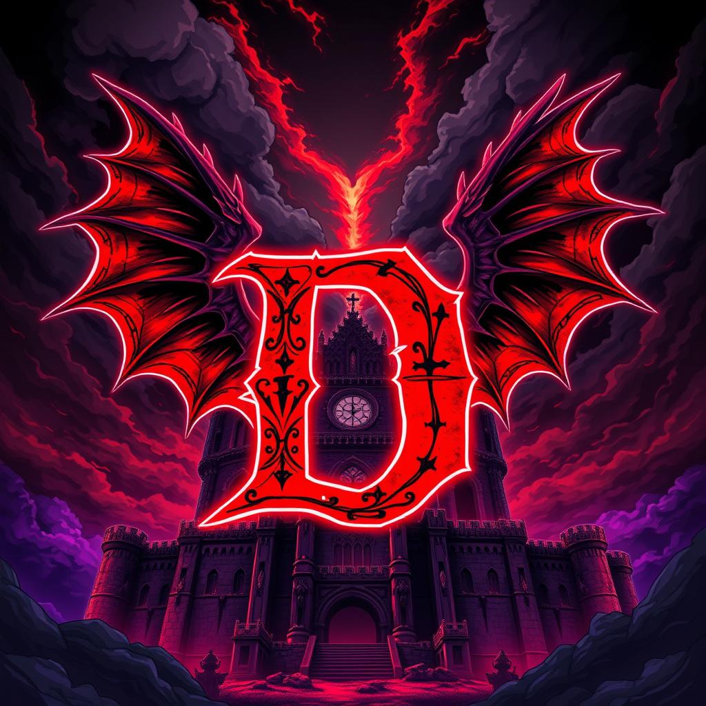 An ancient, sinister castle illustrated in a striking anime style, prominently featuring a very large letter 'D' at its center, outlined in bright red