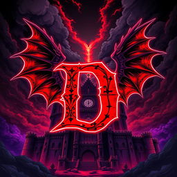 An ancient, sinister castle illustrated in a striking anime style, prominently featuring a very large letter 'D' at its center, outlined in bright red