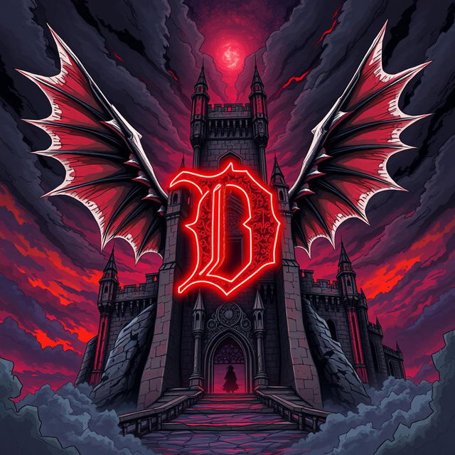 An ancient, sinister castle illustrated in a striking anime style, prominently featuring a very large letter 'D' at its center, outlined in bright red