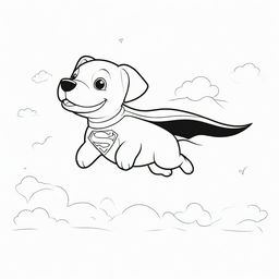 An adventurous, two-dimensional black and white outline of a puppy dressed as Superman, soaring through the sky for a colouring page.