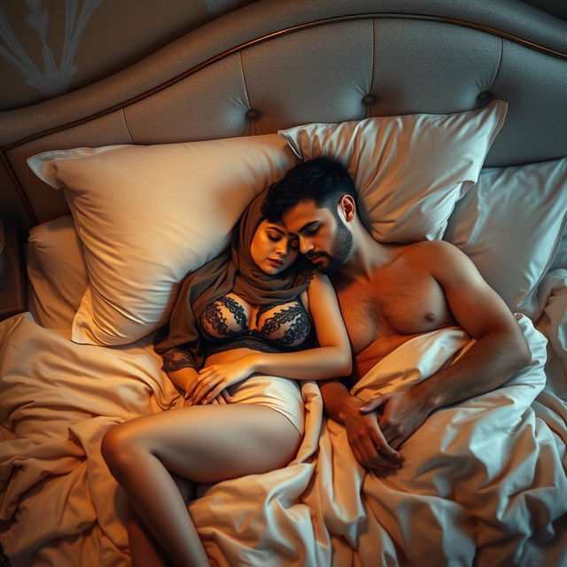 An elegant scene featuring a woman in a sophisticated hijab, dressed in luxurious lingerie, peacefully sleeping beside a handsome man on a beautifully made bed
