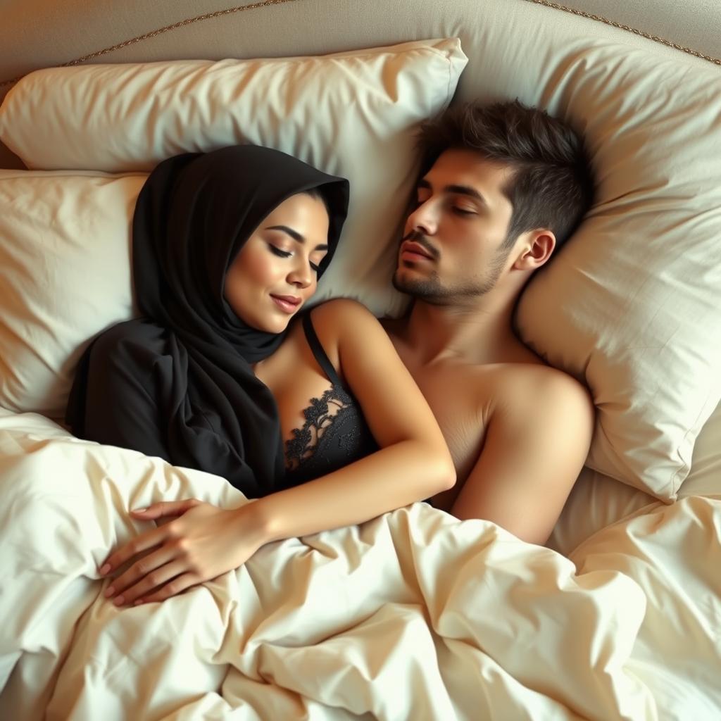 An elegant scene featuring a woman in a sophisticated hijab, dressed in luxurious lingerie, peacefully sleeping beside a handsome man on a beautifully made bed