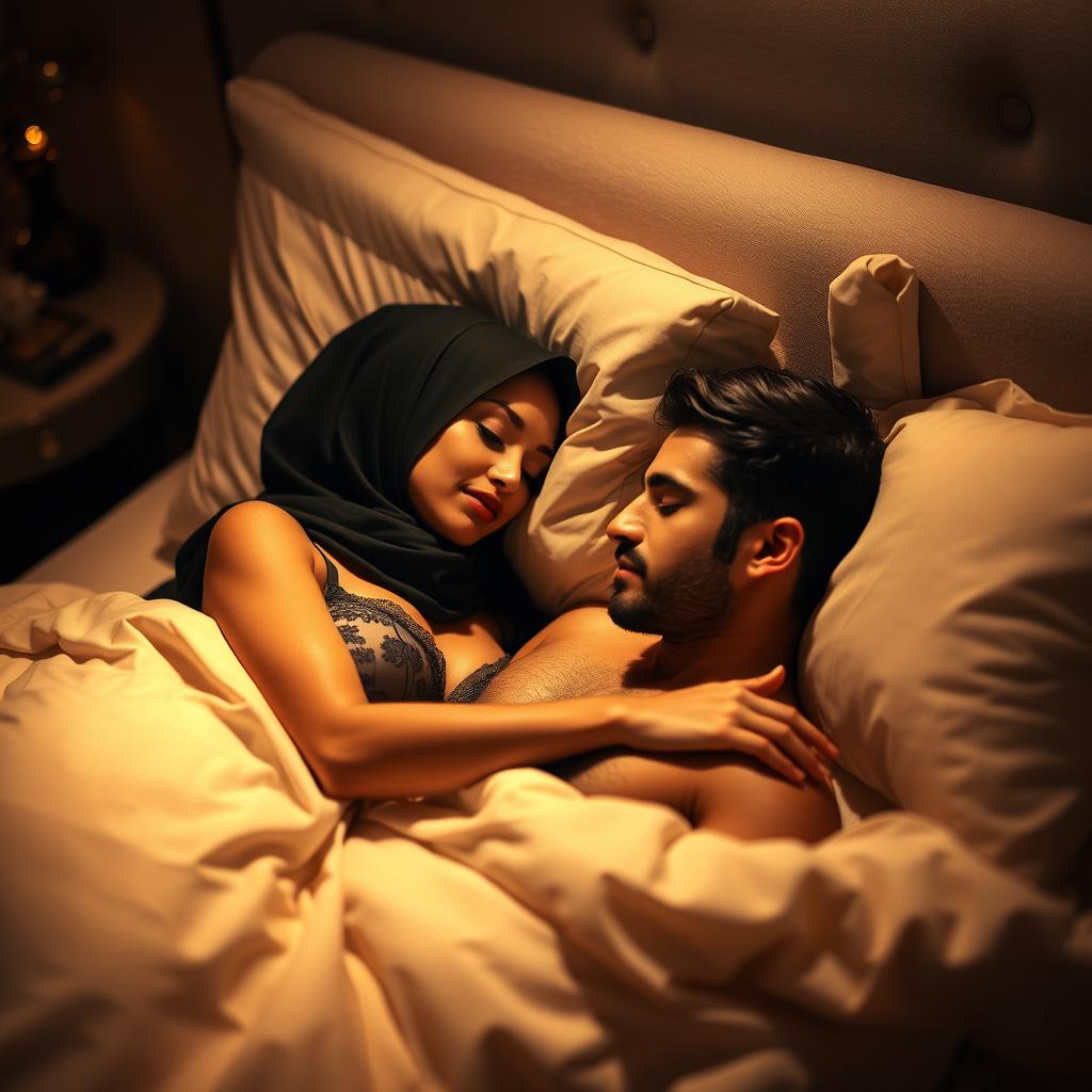 An elegant scene featuring a woman in a sophisticated hijab, dressed in luxurious lingerie, peacefully sleeping beside a handsome man on a beautifully made bed