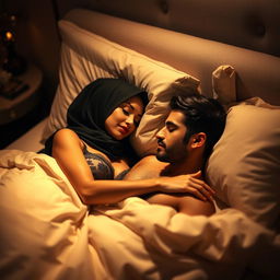 An elegant scene featuring a woman in a sophisticated hijab, dressed in luxurious lingerie, peacefully sleeping beside a handsome man on a beautifully made bed