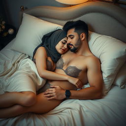 An elegant scene featuring a woman in a sophisticated hijab, dressed in luxurious lingerie, peacefully sleeping beside a handsome man on a beautifully made bed