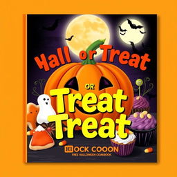 A vibrant and spooky book cover for a Halloween cookbook titled "Treat or Treat"