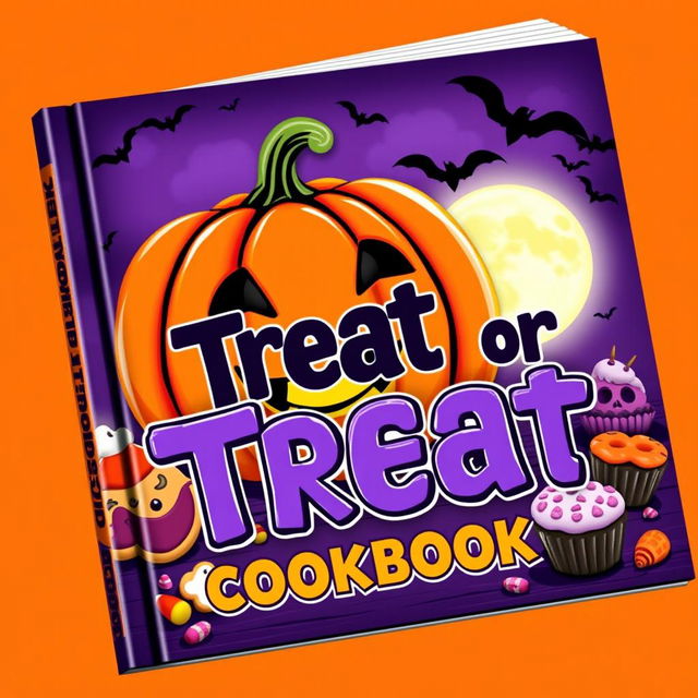 A vibrant and spooky book cover for a Halloween cookbook titled "Treat or Treat"