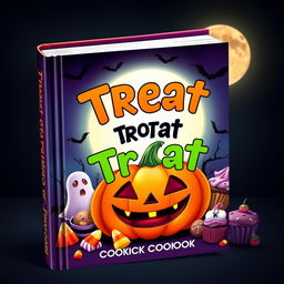 A vibrant and spooky book cover for a Halloween cookbook titled "Treat or Treat"