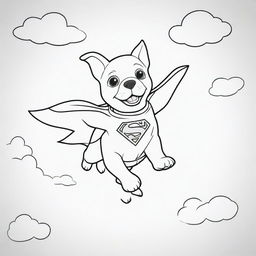 An adventurous, two-dimensional black and white outline of a puppy dressed as Superman, soaring through the sky for a colouring page.