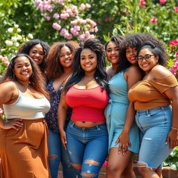 A stunning portrait of a group of curvy women confidently posing together, celebrating body positivity