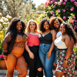 A stunning portrait of a group of curvy women confidently posing together, celebrating body positivity