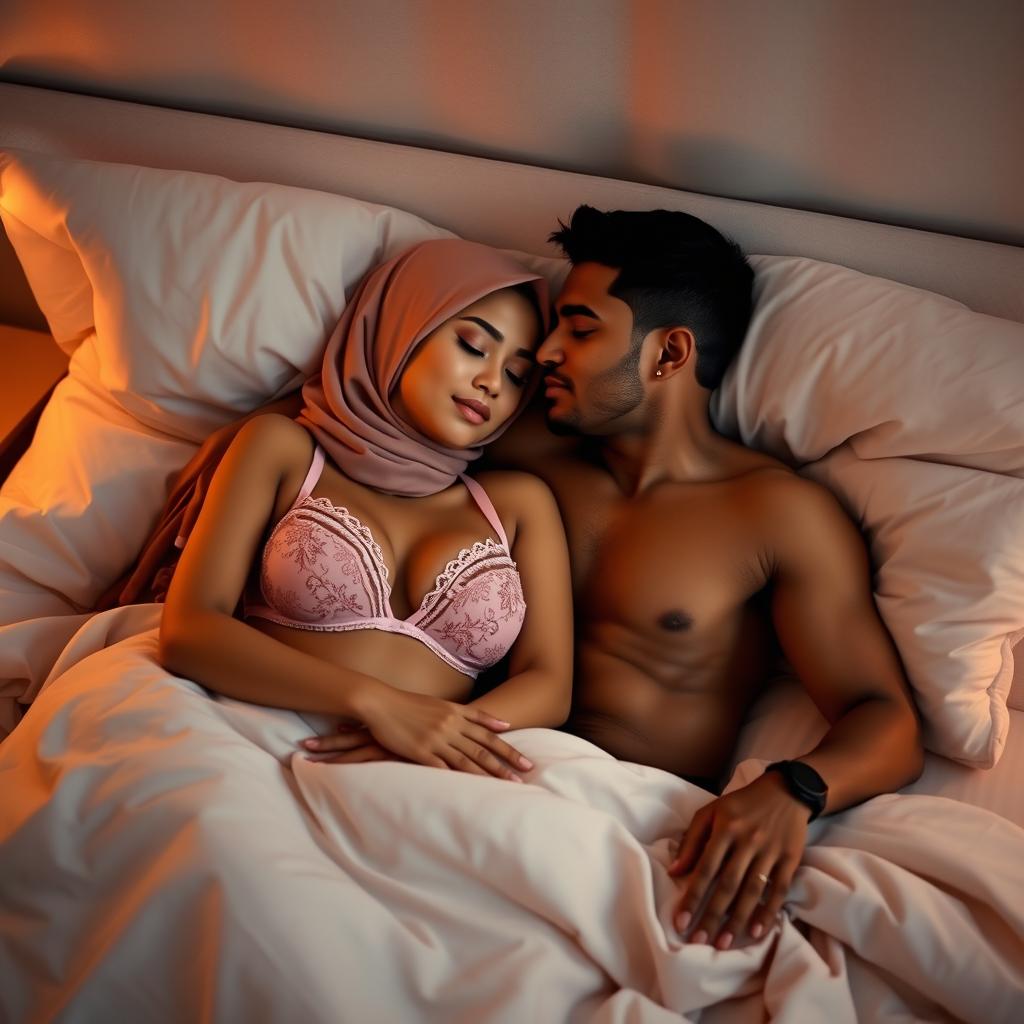 A cozy and elegant scene featuring a woman in a stylish hijab, wearing a delicate pink bra and matching pink underwear, peacefully sleeping alongside a charming, attractive man on a beautifully arranged bed