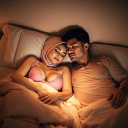 A cozy and elegant scene featuring a woman in a stylish hijab, wearing a delicate pink bra and matching pink underwear, peacefully sleeping alongside a charming, attractive man on a beautifully arranged bed