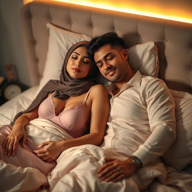 A cozy and elegant scene featuring a woman in a stylish hijab, wearing a delicate pink bra and matching pink underwear, peacefully sleeping alongside a charming, attractive man on a beautifully arranged bed