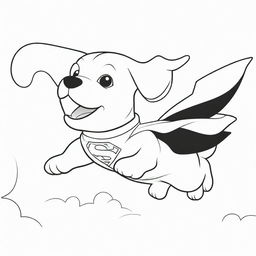 An adventurous, two-dimensional black and white outline of a puppy dressed as Superman, soaring through the sky for a colouring page.