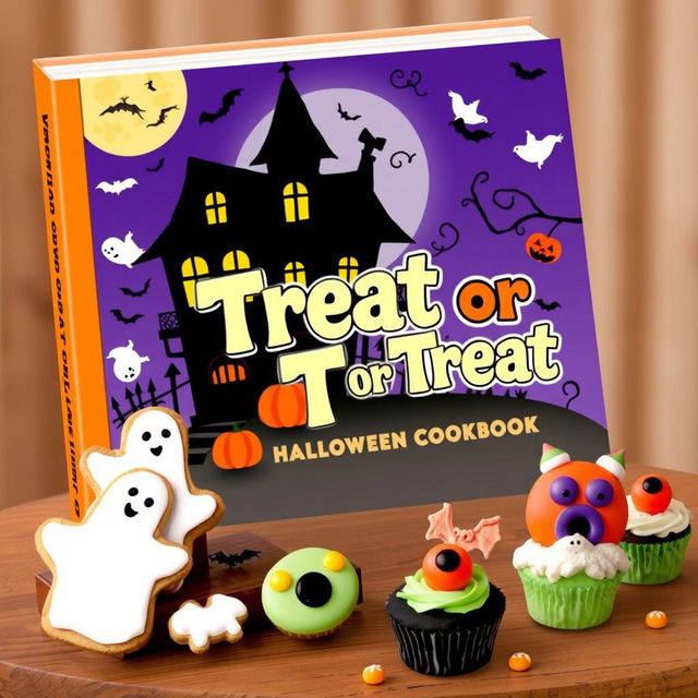 A charming and spooky book cover for a Halloween cookbook titled 'Treat or Treat'