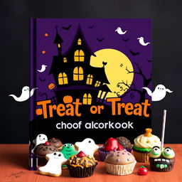 A charming and spooky book cover for a Halloween cookbook titled 'Treat or Treat'