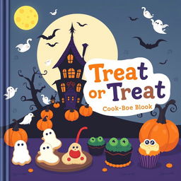 A charming and spooky book cover for a Halloween cookbook titled 'Treat or Treat'